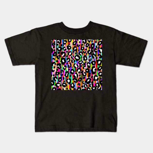 Cheetah Print on Multicolor Stripes Kids T-Shirt by missdebi27